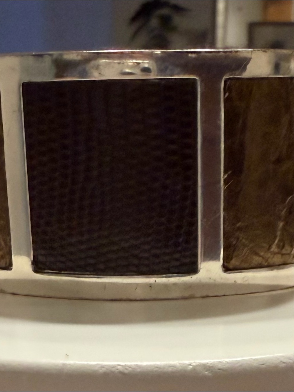 This is a Brighton silver-tone wide leather-paneled bracelet wrist cuff featurin
